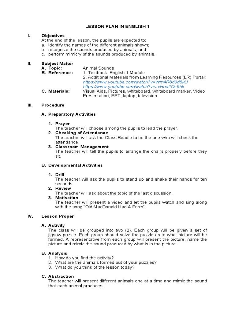 LESSON PLAN IN ENGLISH 1 - Animal Sounds | Download Free PDF | Lesson