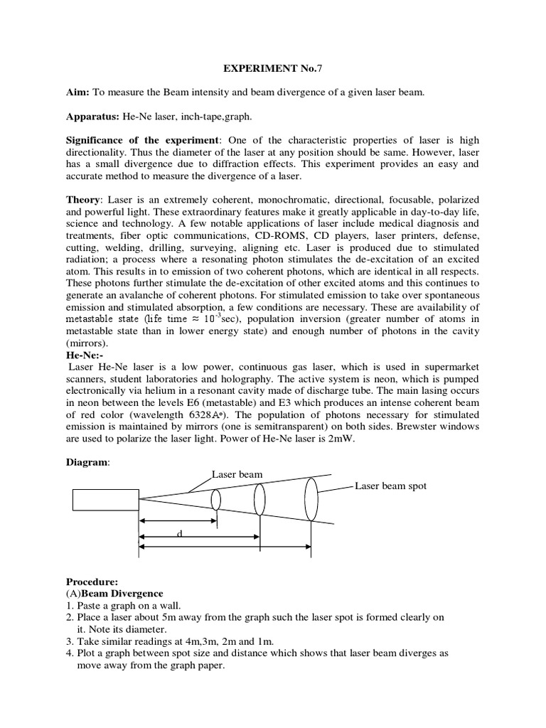 Laser Beam Divergence (BTech 1st Year Experiment) PDF Laser