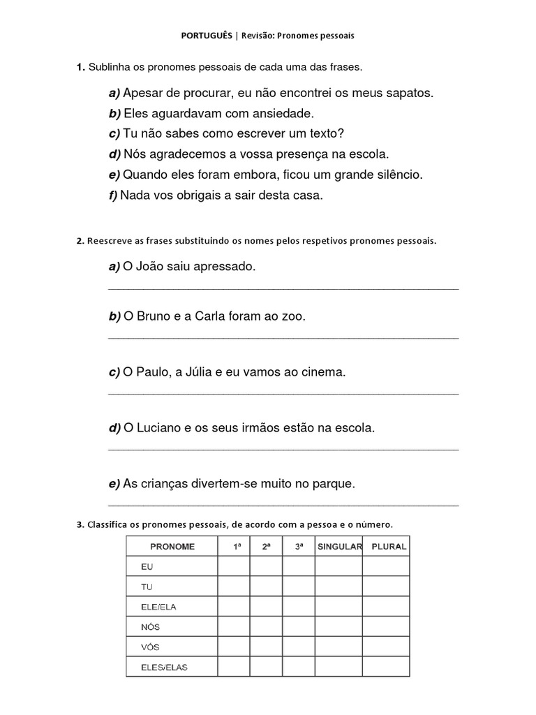 Exercícios - Pronomes Pessoais | PDF