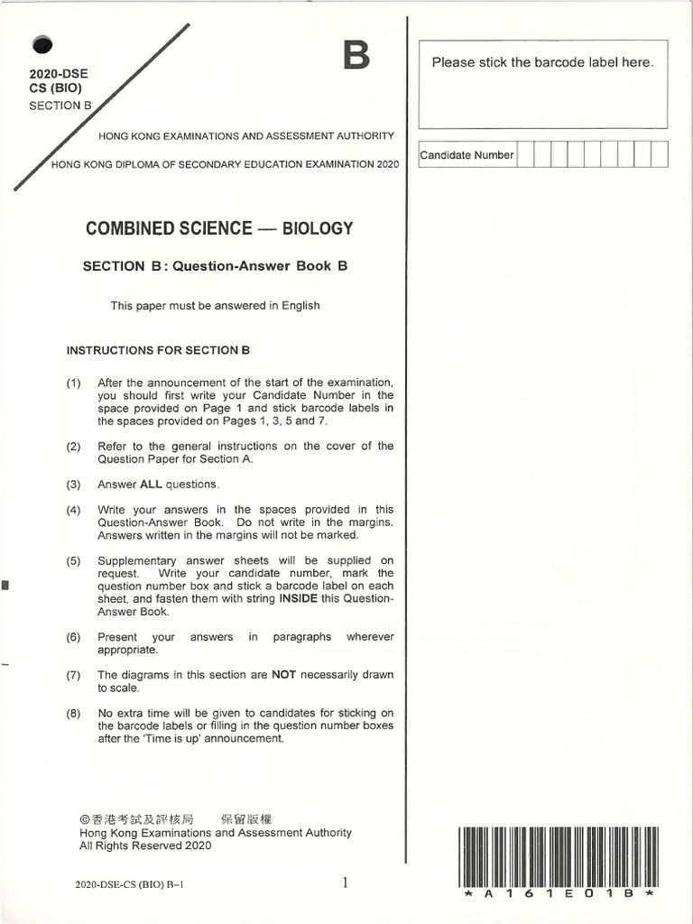 Bio DSE PP 2020 Combined Science - Biology - Section B | PDF