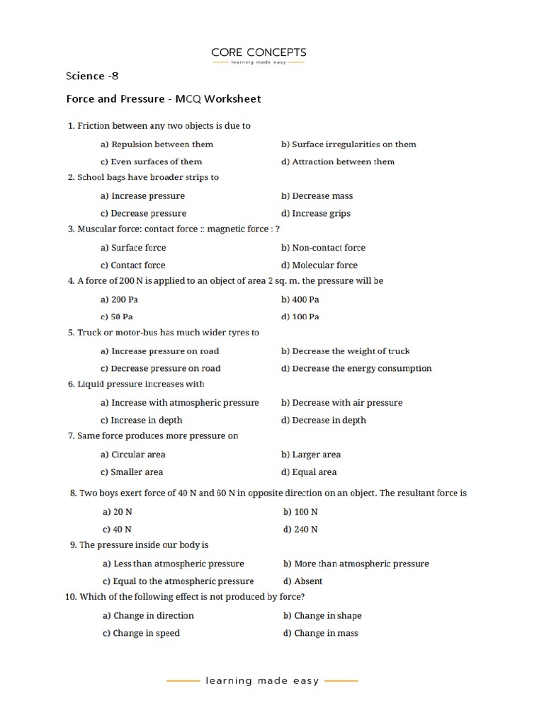 Force And Pressure Mcq Download Free Pdf Force Atmospheric Pressure