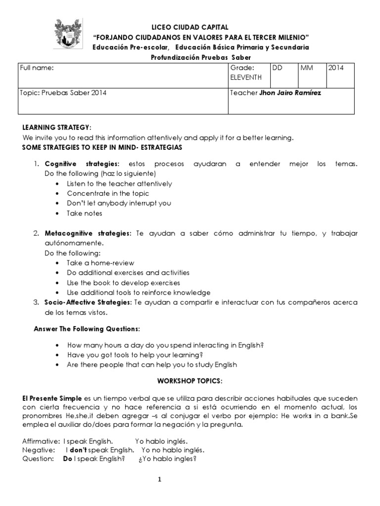 Prueba de Inglés Saber 11 2014 LCC 2 | PDF | Verbo | Sustantivo