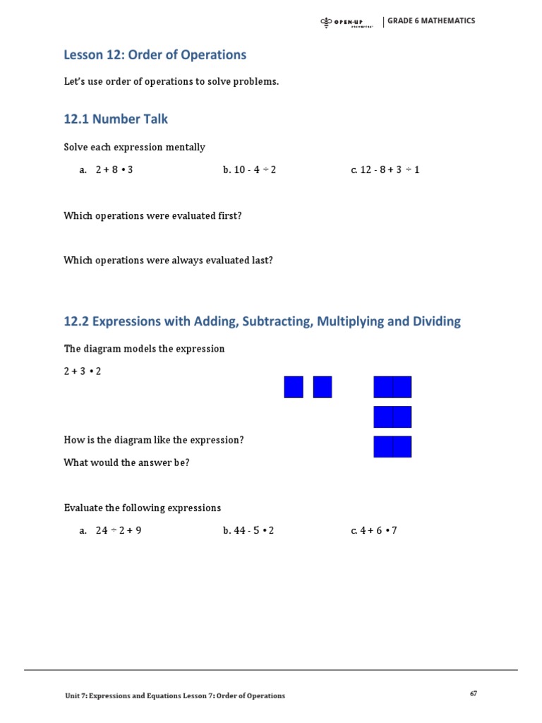 Unit 7 Lesson 12: Order of Operations | PDF | Algebra | Teaching ...
