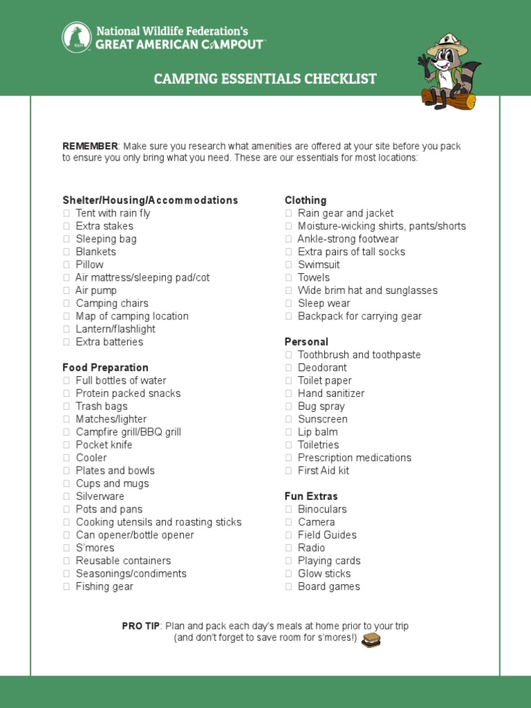 Camping Essentials Checklist: Shelter/Housing/Accommodations Clothing | PDF
