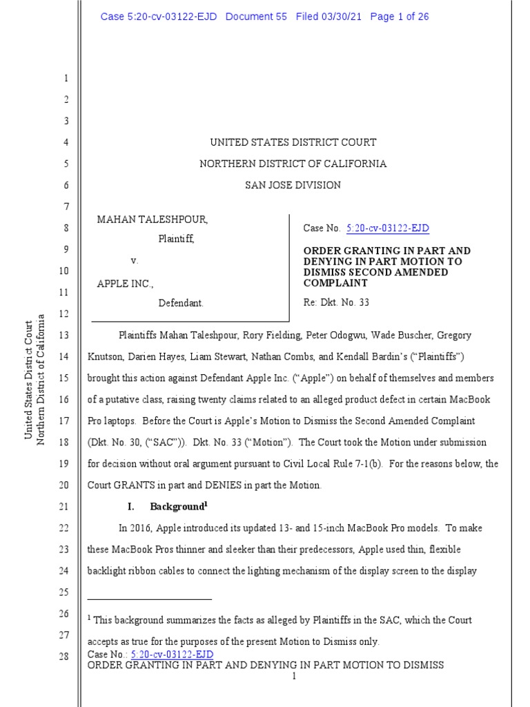 Partial Motion to Dismiss Apple MacBook Pro Defect Case | PDF | Federal ...