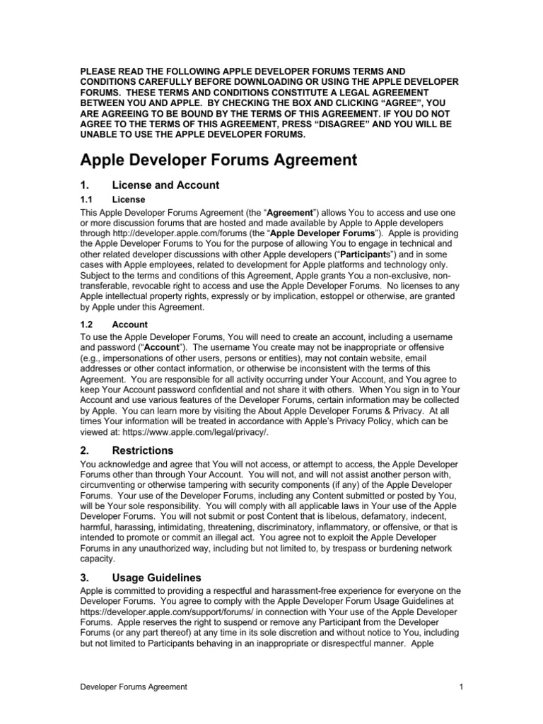 Apple Developer Forums Agreement: 1. License and Account | PDF | Tort ...