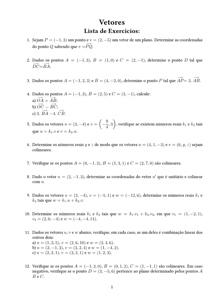 Exercícios sobre Vetores Colineares | PDF | Vetor euclidiano | Espaço ...
