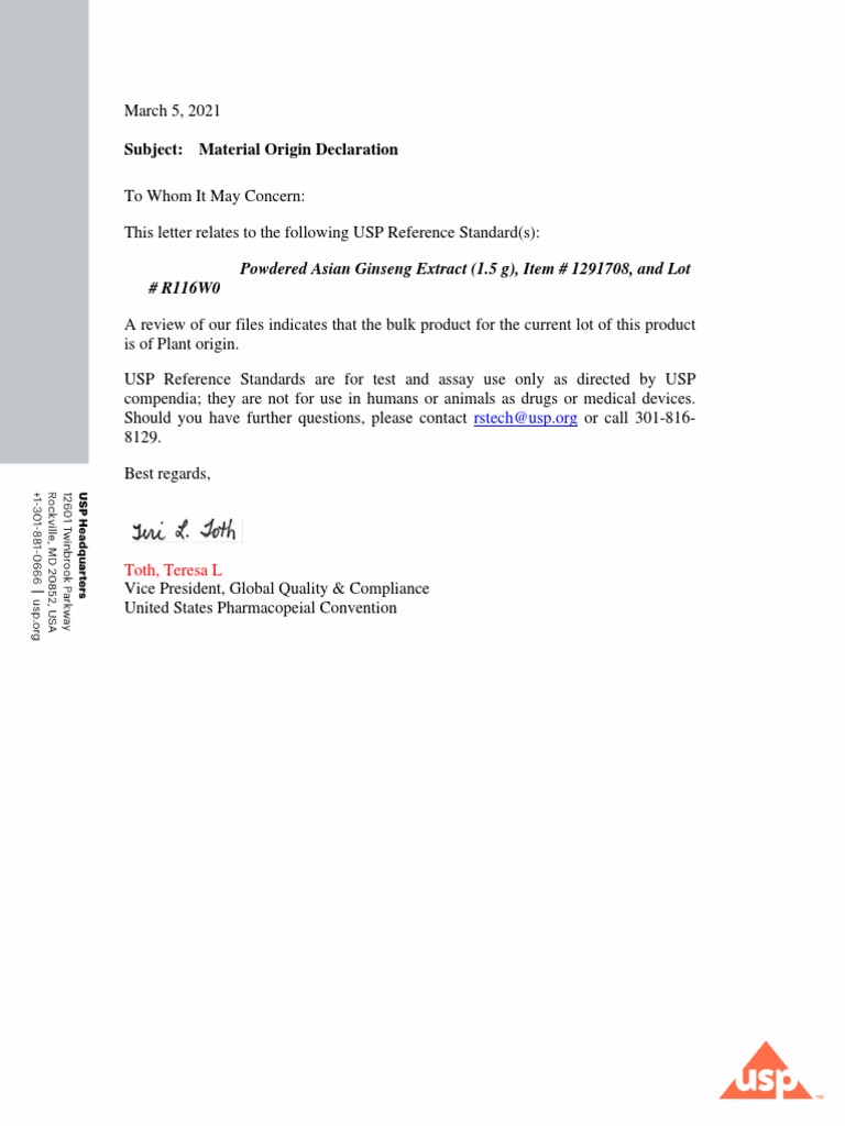 Subject: Material Origin Declaration: Powdered Asian Ginseng Extract (1 ...