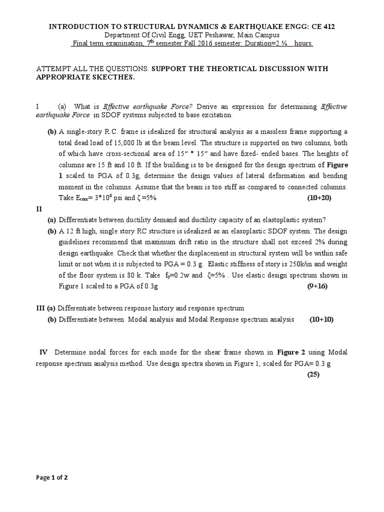 Structural Dynamics & Earthquake Exam Guide | PDF | Bending | Chemical ...