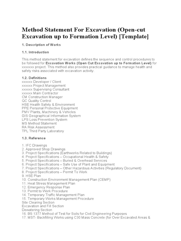 Method statement for excavation open cut excavation up to formation