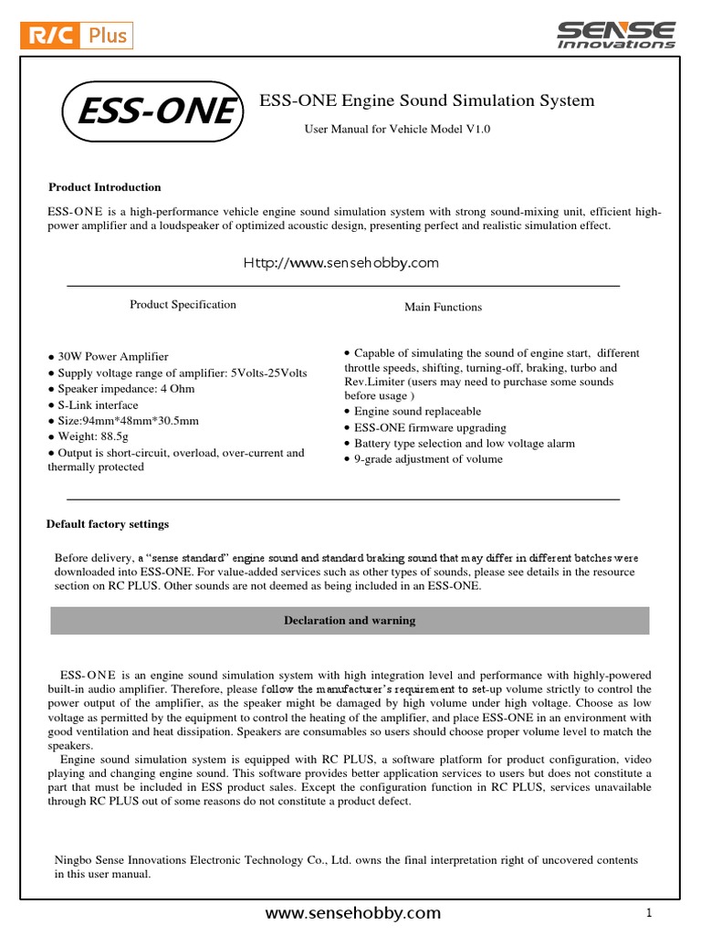 ESS-ONE Engine Sound Simulation Manual | PDF | Amplifier | Loudspeaker