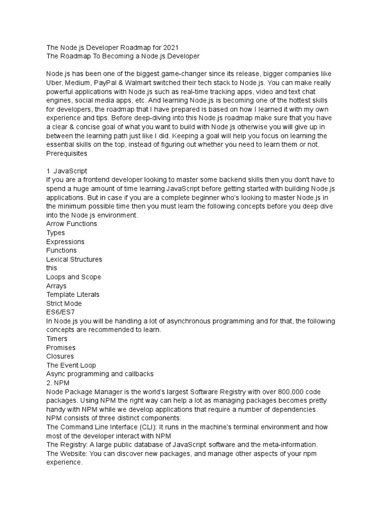 The Node - Js Developer Roadmap For 2021 | PDF | No Sql | Databases