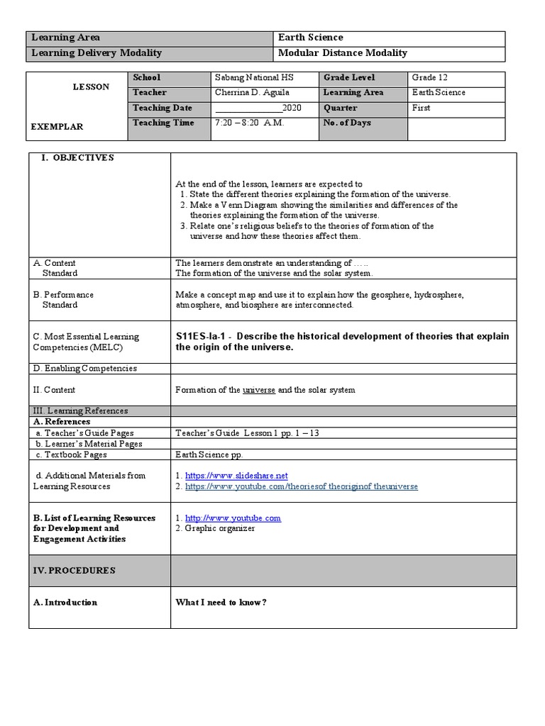 Learning Area Earth Science Learning Delivery Modality Modular Distance ...