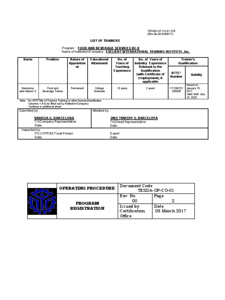 Program Food and Beverage Services NC Ii Name of