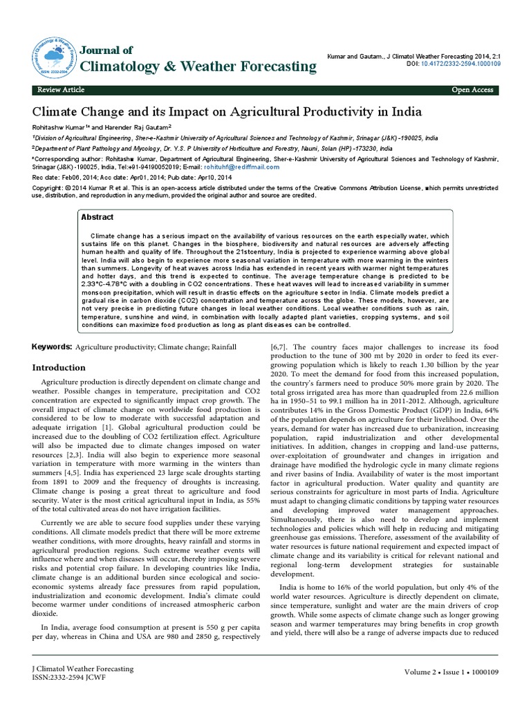Climate Change and Its Impact On Agricultural Productivity in India ...