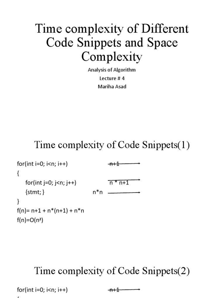 Time Complexity of Different Code Snippets and Space Complexity | PDF ...