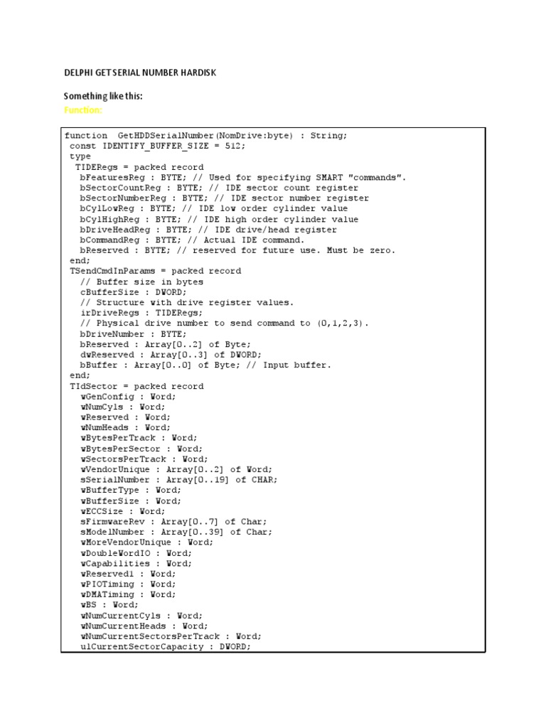 Delphi Get Serial Number Hardisk | PDF | Software | Computer Programming