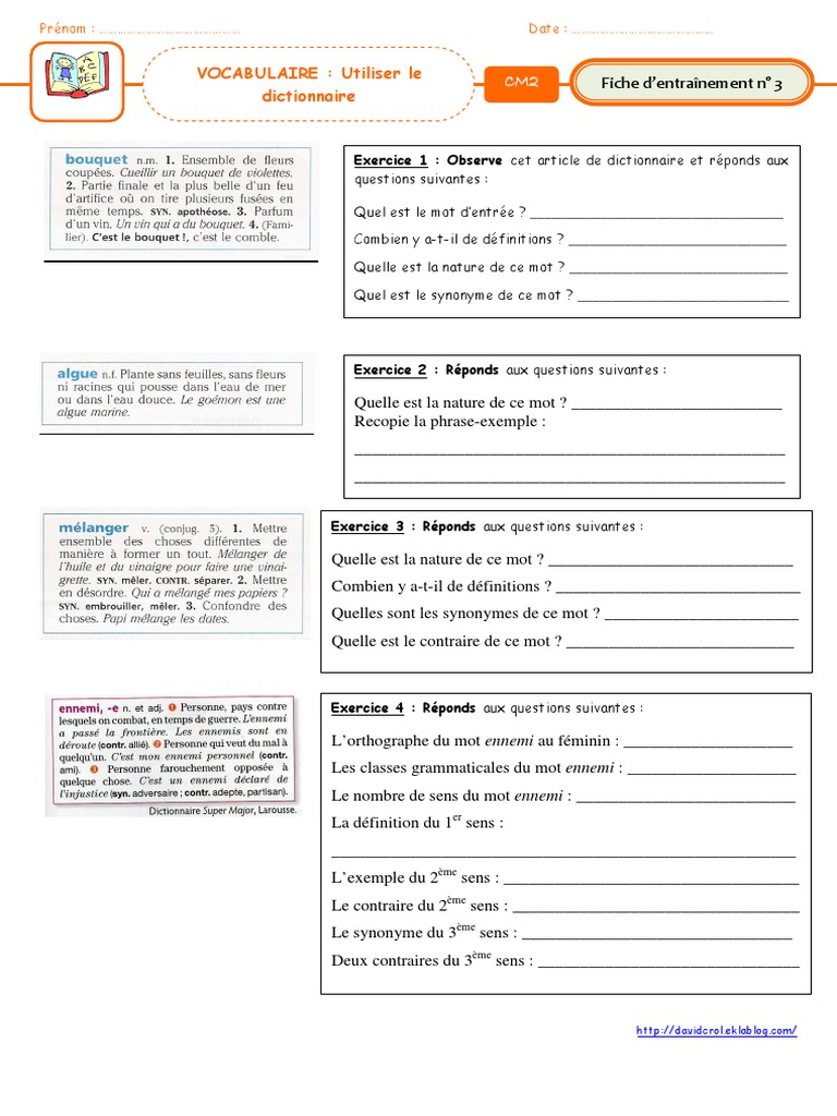 Exercices Sur Le Dictionnaire Cm1 Fiche 3 Utiliser Le Dictionnaire Lire Un Article de Dictionnaire | PDF |  Genre grammatical | Dictionnaire