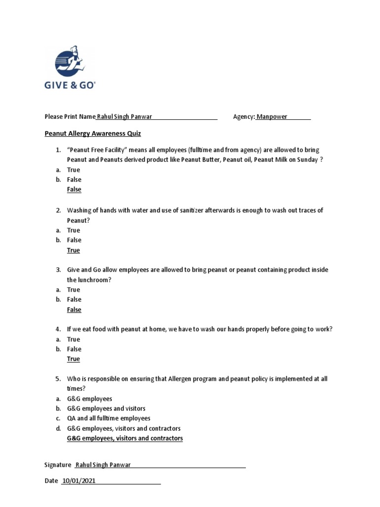 5 Peanut Allergy Awareness Quiz PDF