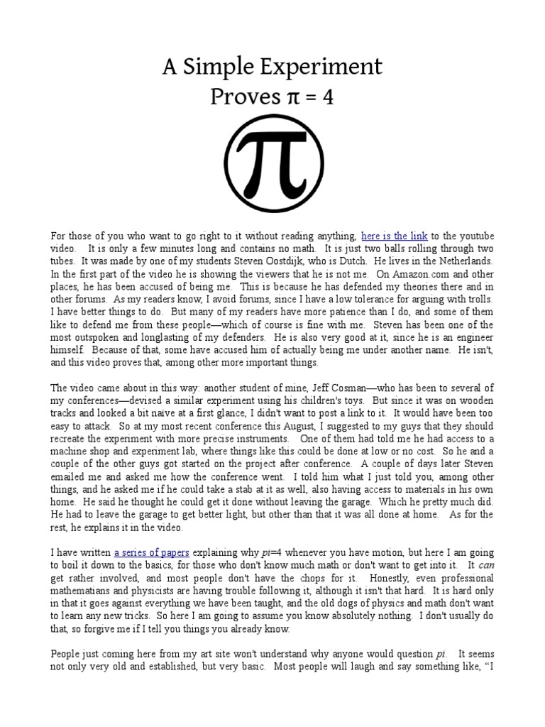 A Simple Experiment Proves Pi Equals 4 by Miles Mathis PDF Pi