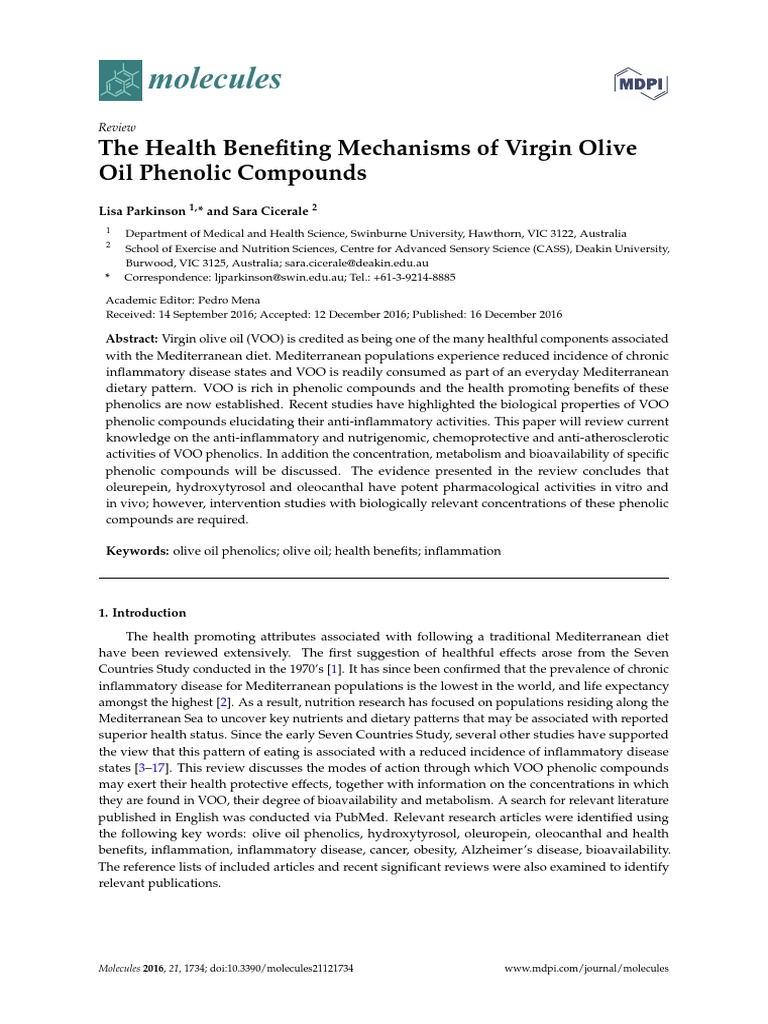 Molecules The Health Benefiting Mechanisms of Virgin Olive Oil