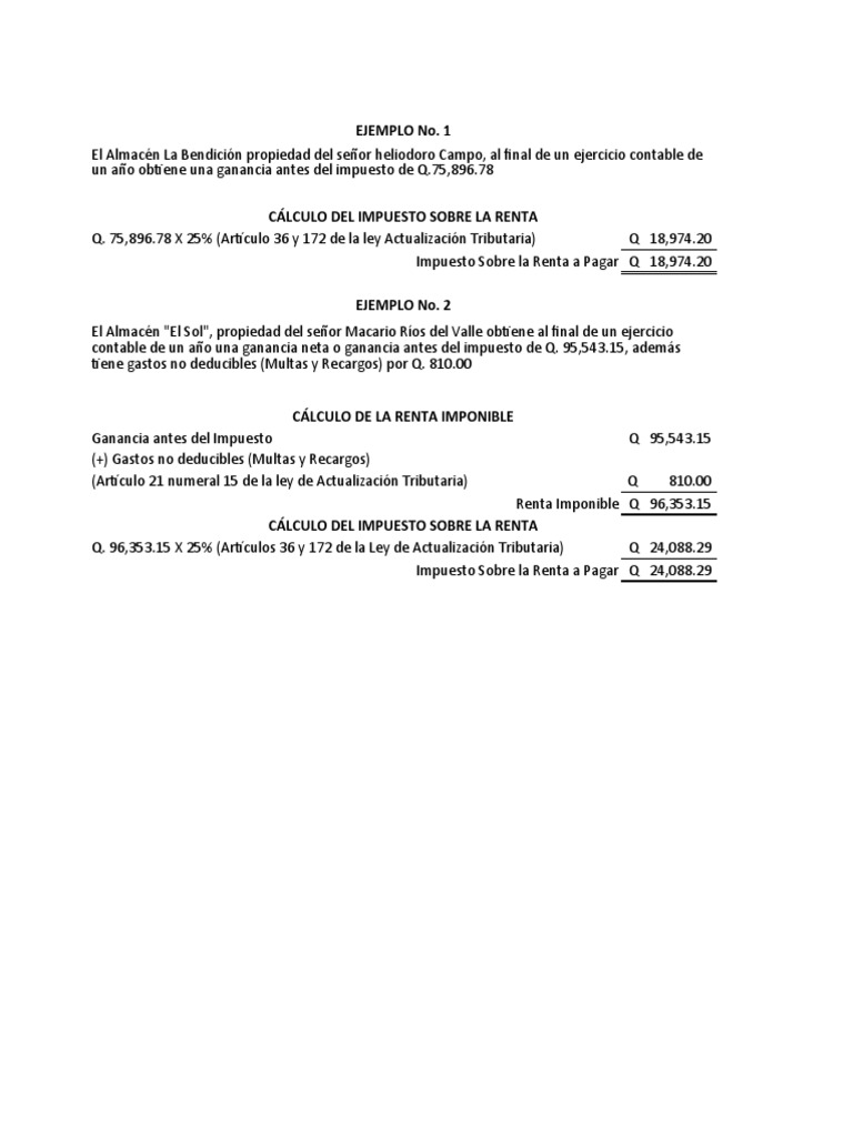 Ejemplos de Cálculo de Impuesto sobre la Renta | PDF