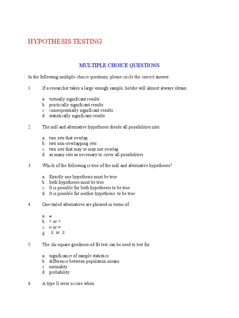 hypothesis testing multiple choice questions