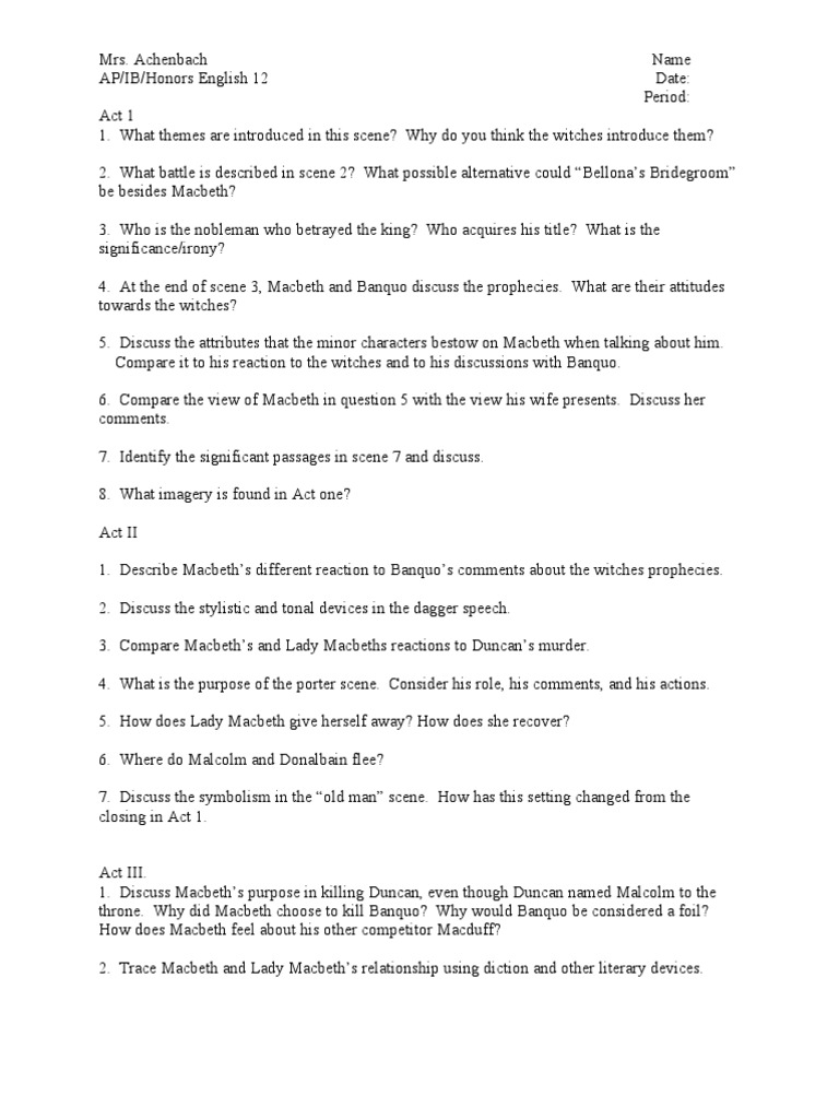 Macbeth Study Guide Questions and Analysis | PDF | Macbeth ...