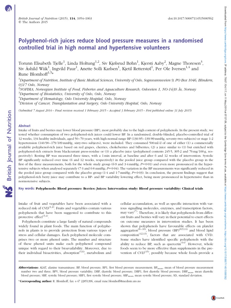 Tjelle Grape Juice Blood Pressure PDF Polyphenol Hypertension
