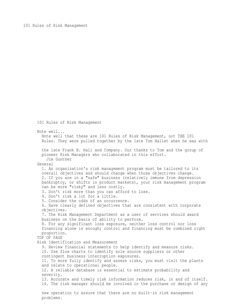 101 Rules of Risk Management | PDF | Insurance | Risk Management
