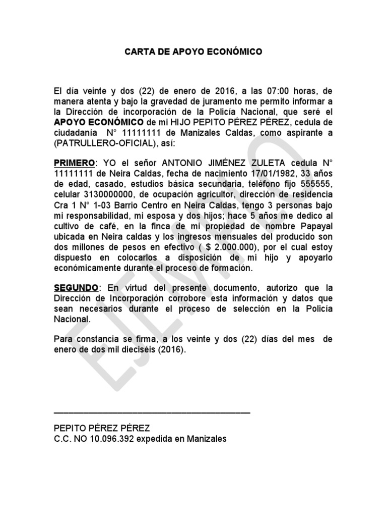 Carta de Apoyo Económico para Policía | PDF