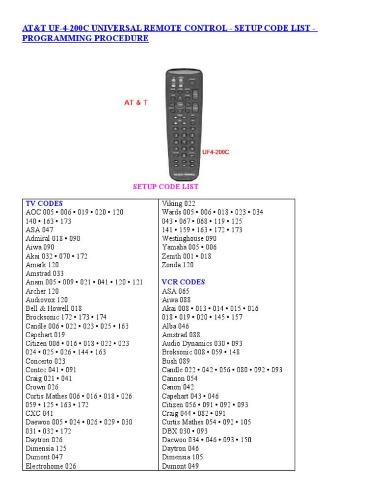 At&T Uf4200C Universal Remote Control Setup Code List Programming