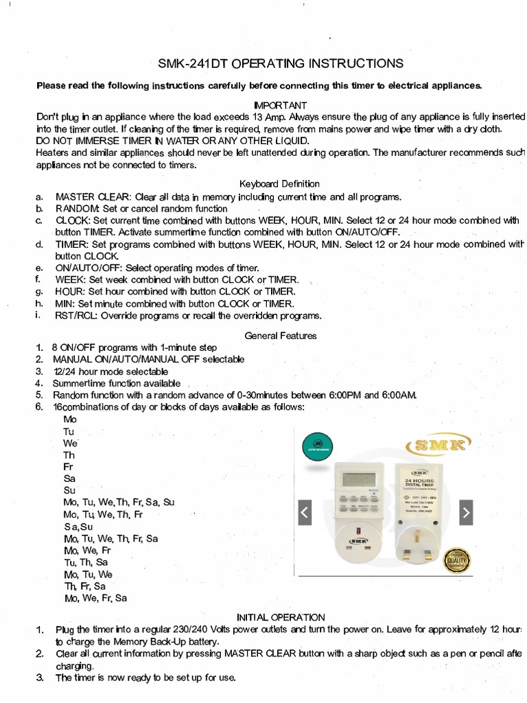 SMK241DT Digital Timer User Manual PDF Clock Tools