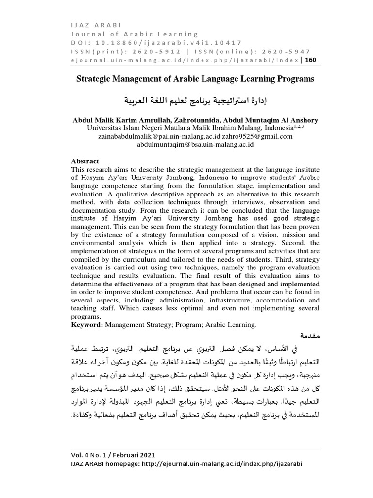 Strategic Management of Arabic Language Learning Programs | PDF ...