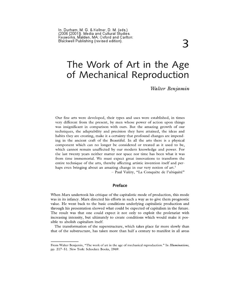 The Work of Art in The Age of Mechanical Reproduction Walter Benjamin PDF Social Science