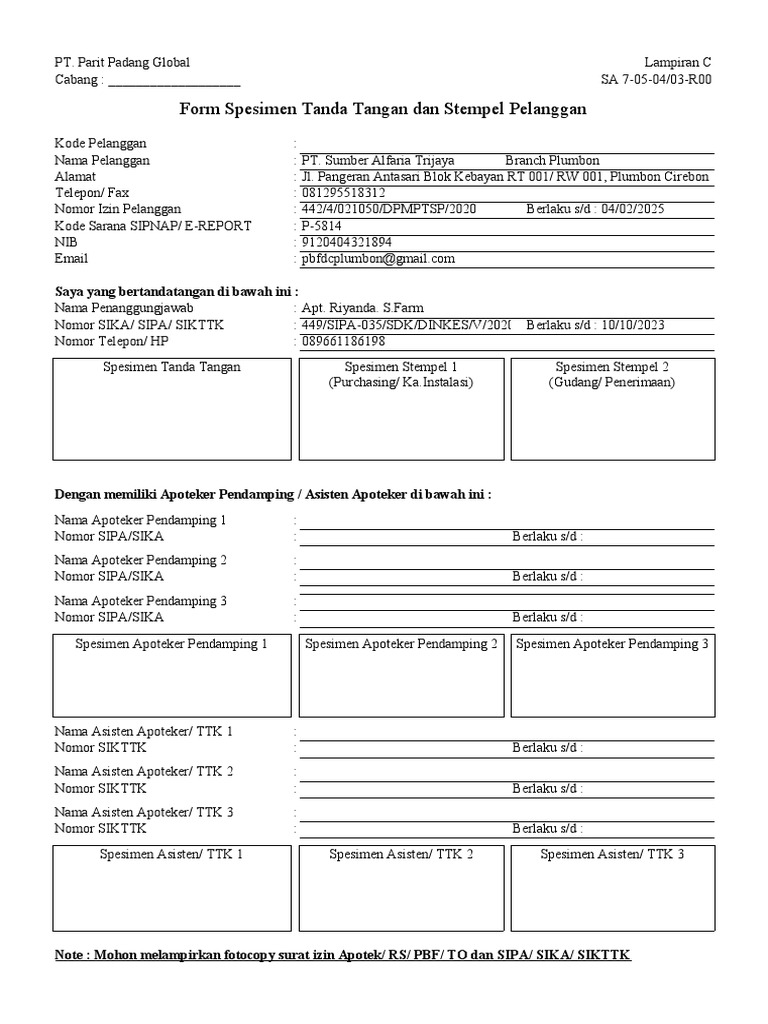 Form Spesimen Tanda Tangan Dan Stempel Pelanggan, Lamp C | PDF