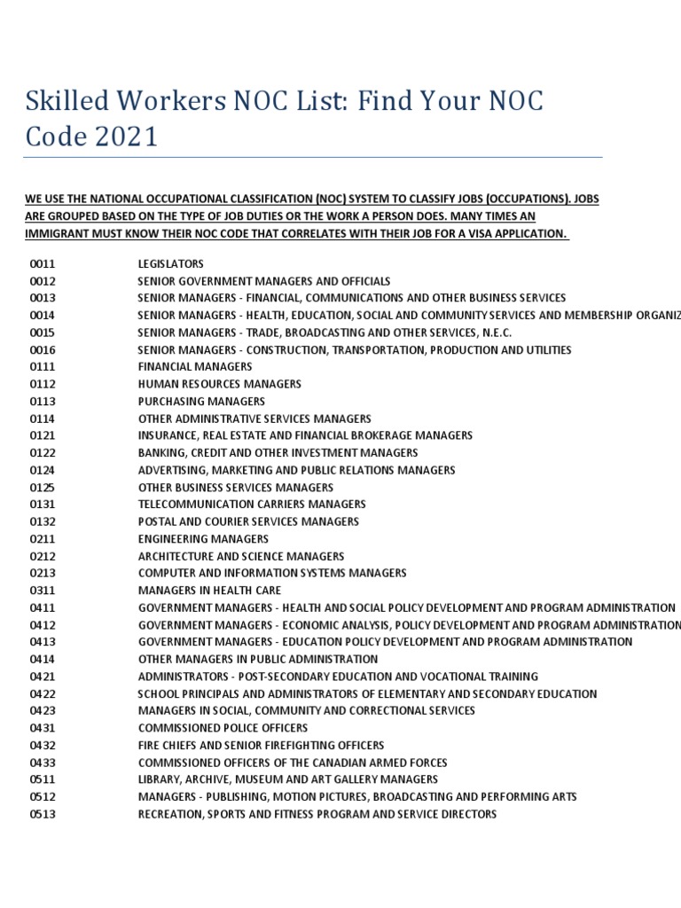 Skilled Workers NOC List Find Your NOC Code 2021 PDF Logging Pulp (Paper)
