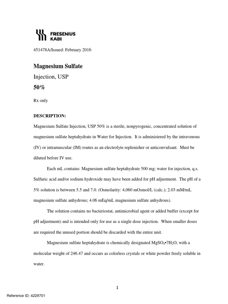 Magnesium Sulfate Injection, USP PDF Magnesium Medical Specialties