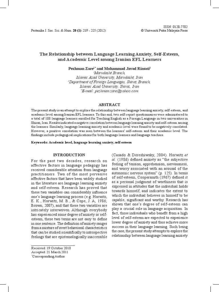 The Relationship Between Language Learning Anxiety, Self-Esteem, and ...