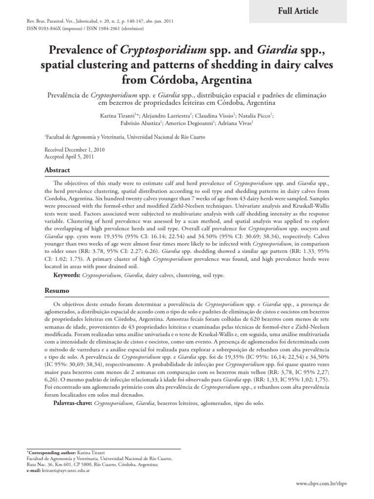 Prevalence of Cryptosporidium Spp. and Giardia Spp.,spatial Clustering ...