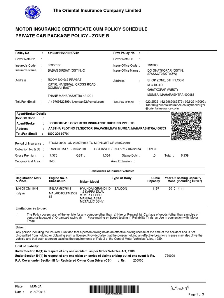 The Oriental Insurance Company Limited PDF Insurance Private Law