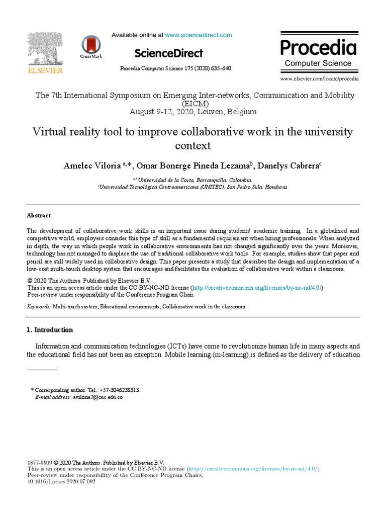 Virtual Reality Tool To Improve Collaborative Work in 2020 Procedia