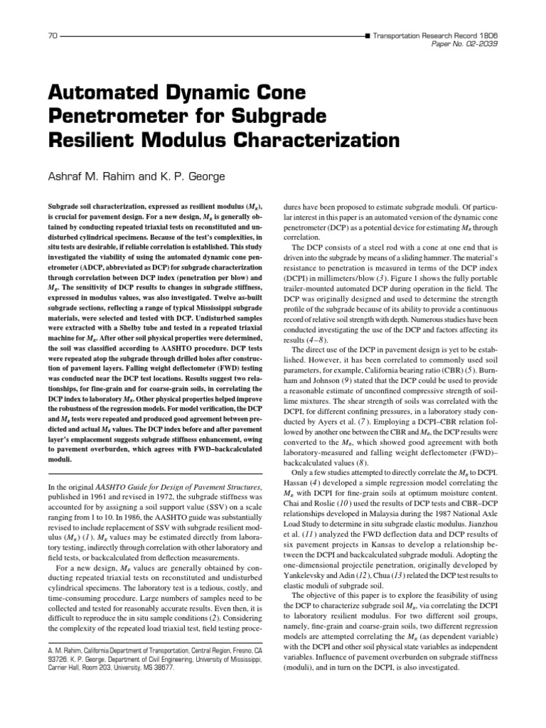 Automated Dynamic Cone Penetrometer For Subgrade Resilient Modulus ...