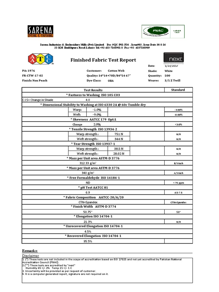 Finished Fabric Test Report Summary | PDF | Weaving | Textiles