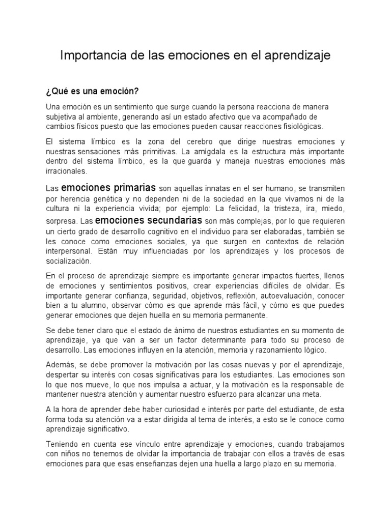 Importancia de Las Emociones en El Aprendizaje | PDF | Las emociones ...