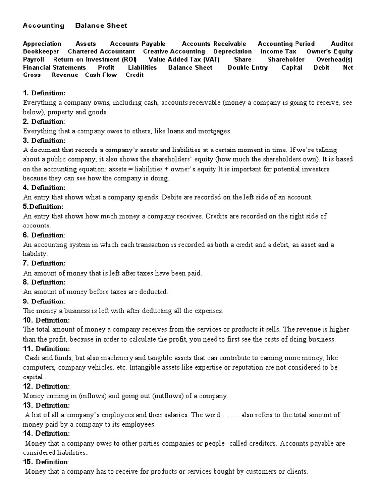Accounting Balance Sheet Definitions | PDF | Debits And Credits ...
