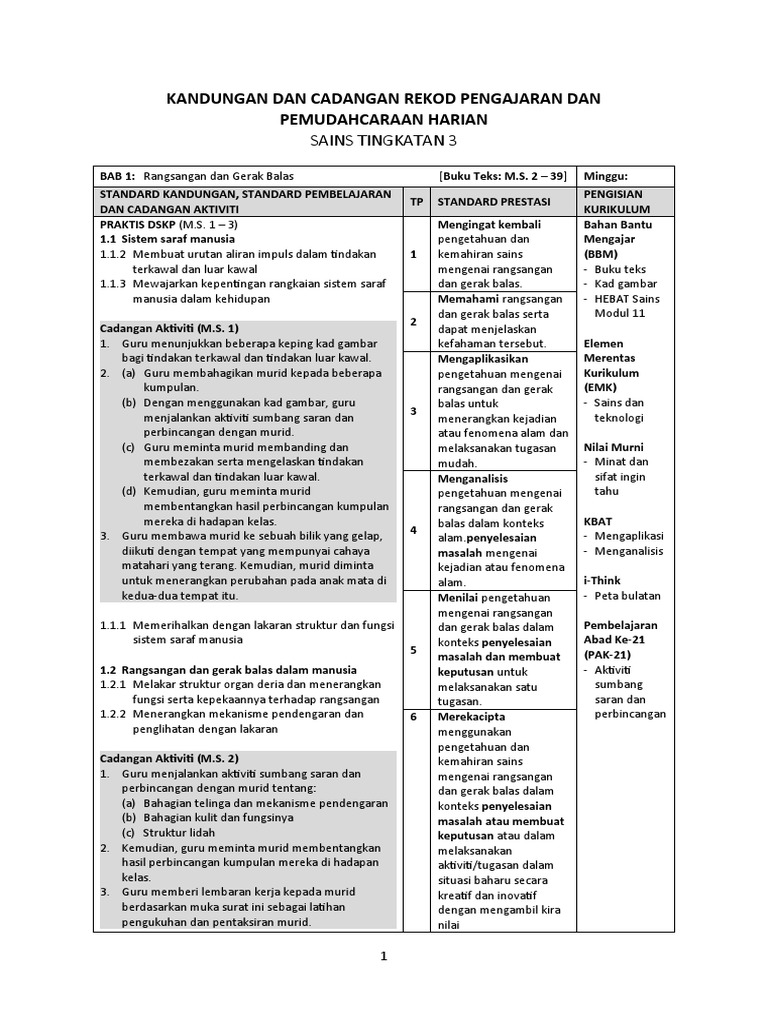 3 Sn Kandungan Dan Cadangan Rekod Pengajaran Dan Pemudahcaraan Harian Formula A Pt3 Kssm Sains Tingkatan 3 Pdf