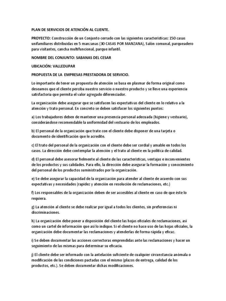 PLAN DE SERVICIOS DE ATENCIÓN AL CLIENTE Trabajo | PDF | Gestión de la ...
