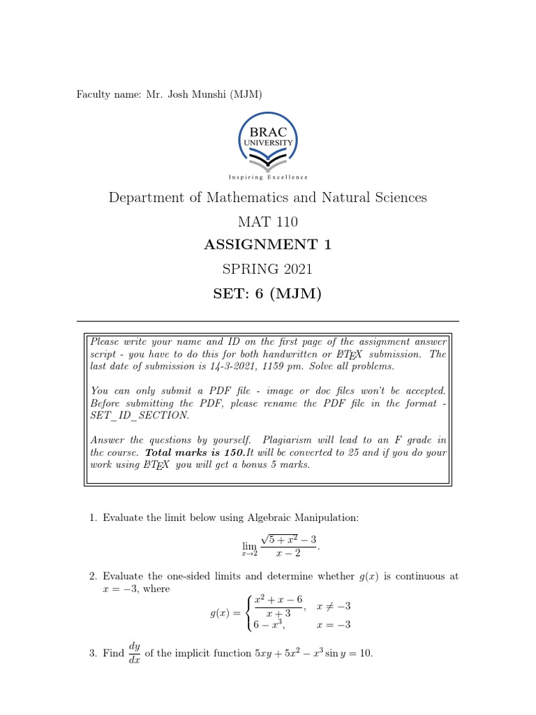 Department of Mathematics and Natural Sciences MAT 110 Assignment 1 ...