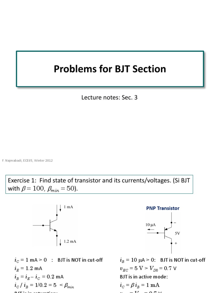 Problems For BJT Section Lecture Notes Sec. 3 PDF Bipolar